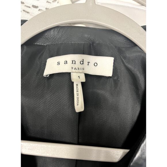 SANDRO Black Lamb Leather Textured Trim Collarless Full Zip Blazer Jacket Size S - Picture 4 of 5